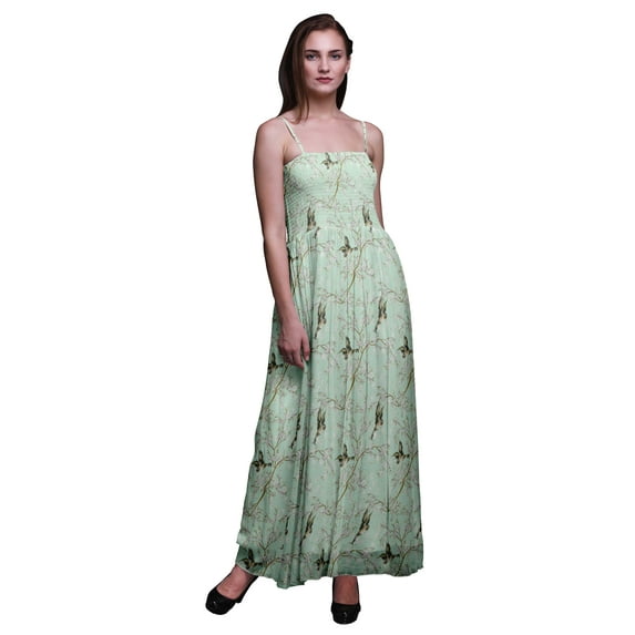 Bimba Blossom & Goldfinch Bird Bimba Printed Women Flowy Smocked Spaghetti Strap Dress-Large