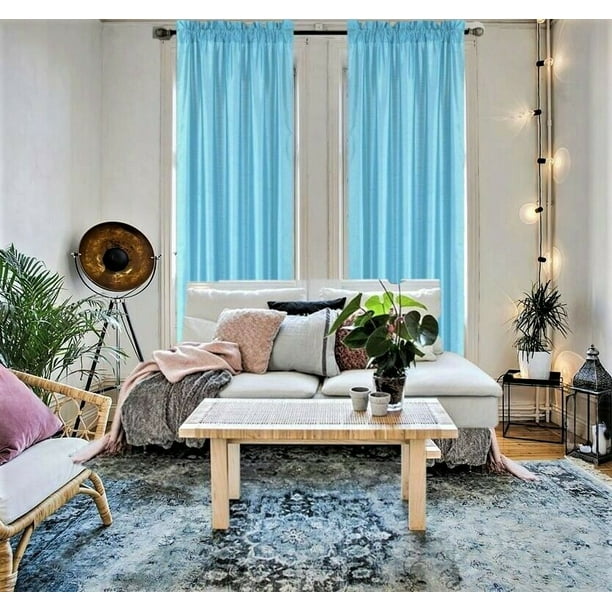 2 Pieces semi sheer light blue color faux silk see thru curtain