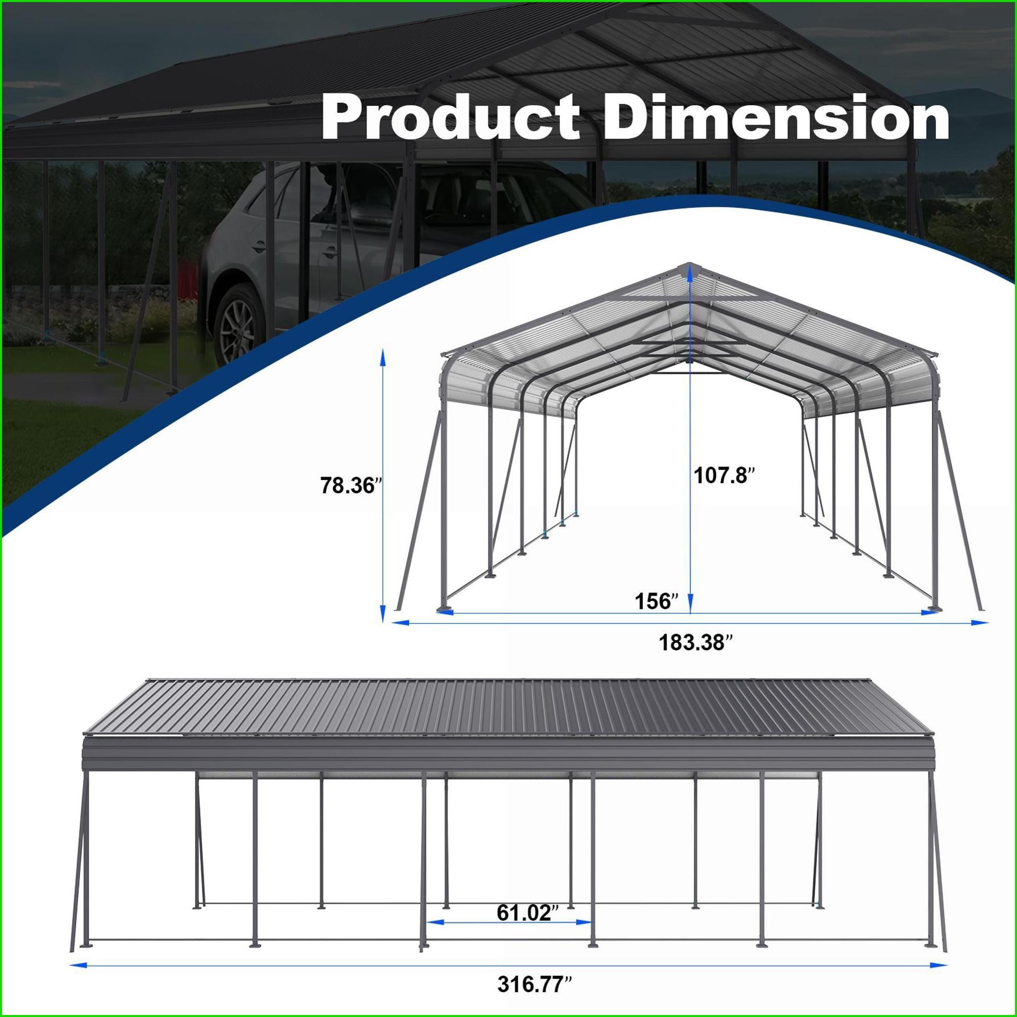 Carports | Modern 13 × 26.5 FT Heavy Duty Galvanized Steel Shelter for Cars Boats Outdoor Events, Slate Gray | Gray | Steel