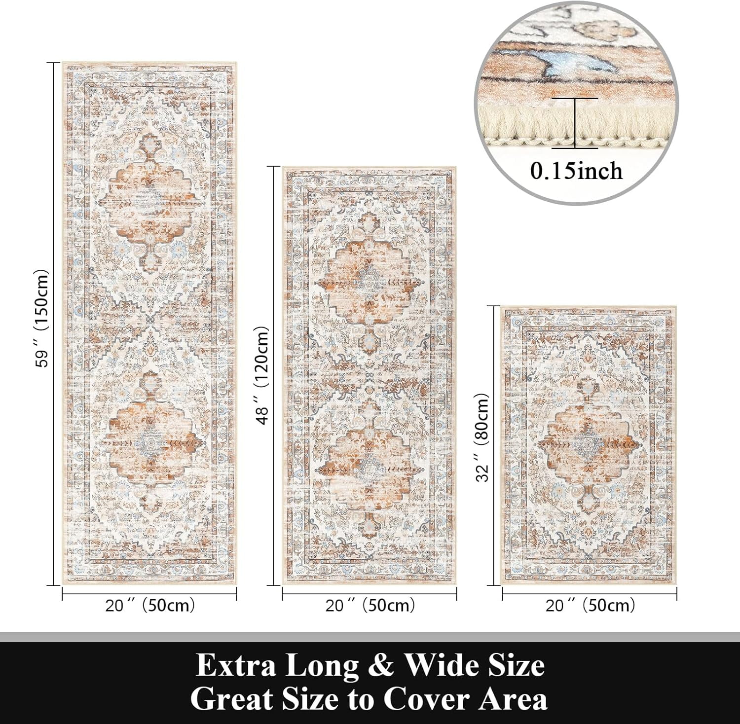 Kitchen Rugs Sets of 3 Boho Kitchen Floor Mat Carpets Non Skid Machine Washable Kitchen Runner Area Rugs for Kitchen Floor Hallway Living Room Laundry Entryway, Light Brown