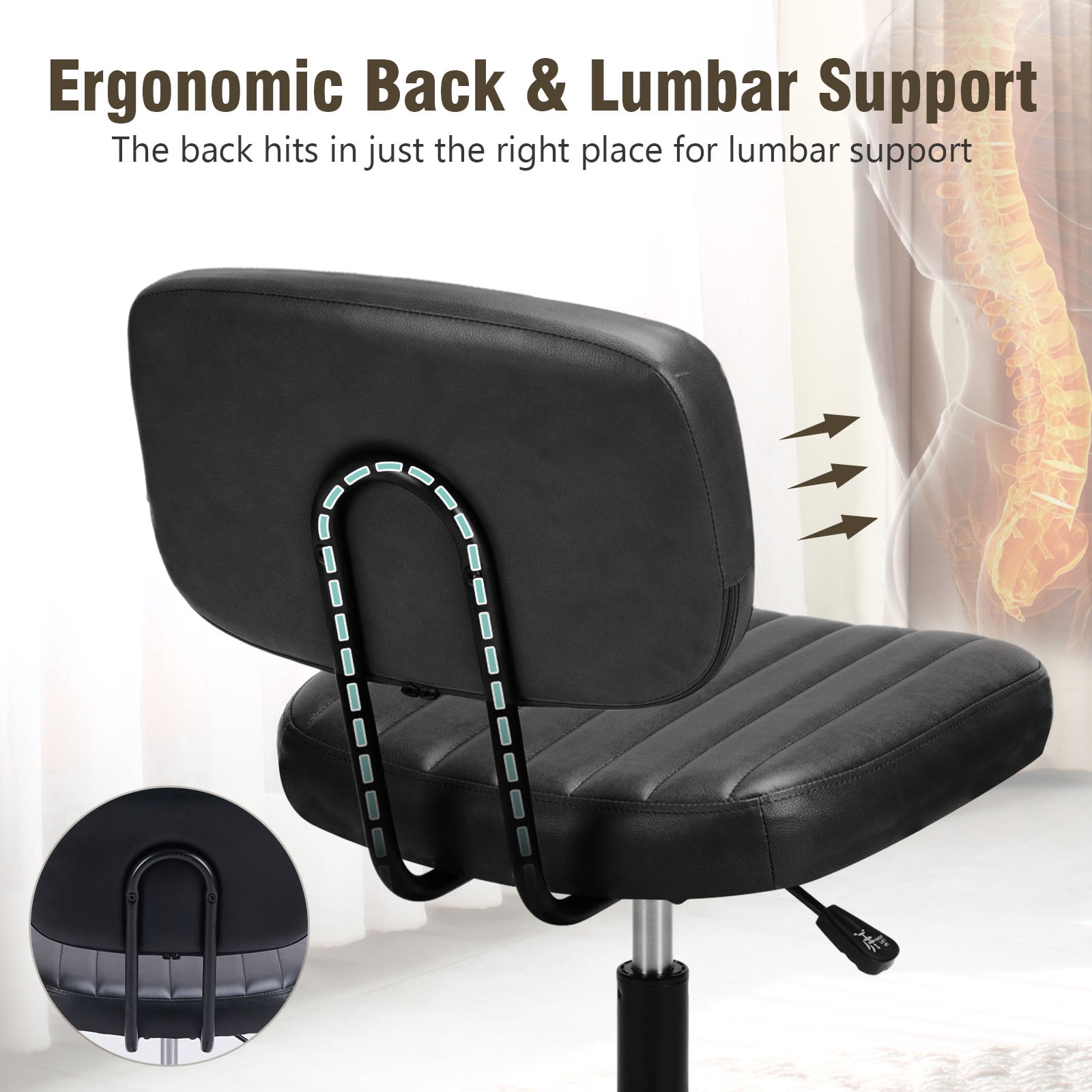 Gianna Armless Office Chair – Adjustable Rolling Task Chair with Lumbar Support for Comfortable All-Day Sitting, Black