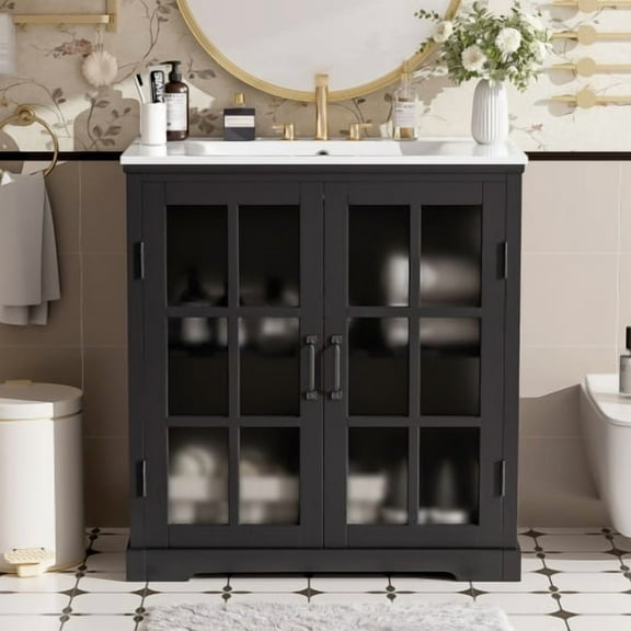 30 Inch Bathroom Vanity with Ceramic Sink, Modern Freestanding Vanity with Adjustable Shelf, Tip-Out Tray, Solid Wood Legs for Small Bathroom Storage, Matte Black