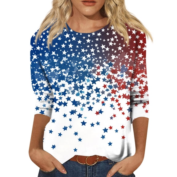 Women’s Long Sleeve Crew Neck Star Print Casual Pullover Top Gradient Pattern Lightweight Loose Fit Blouse for Everyday Wear Blue L
