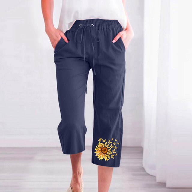 ICHUANYI Clearance Fashion Womens Casual Printing Elastic Loose Pants Straight Wide Leg Trousers With Pocket(Navy, M) ICHUANYI WER2023081206218