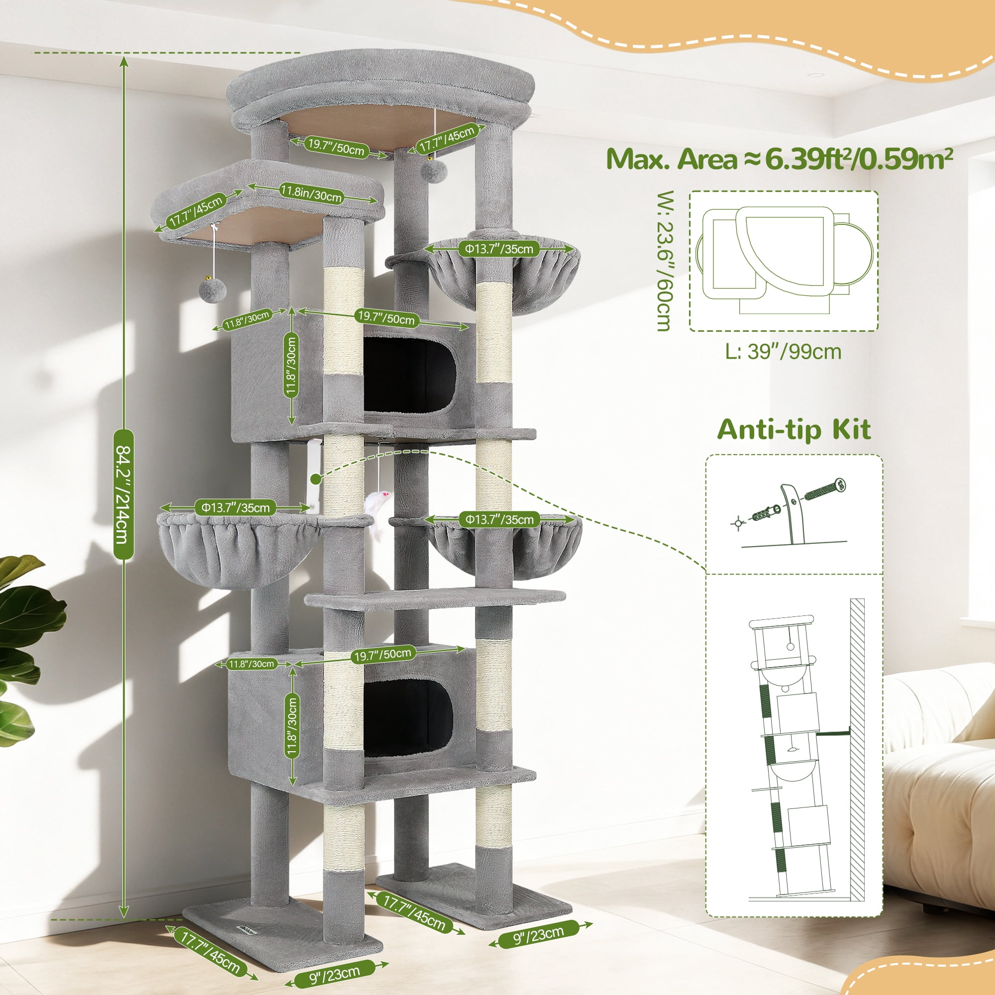 Globlazer 84" Multilevel Large Cat Tree Tower for Indoor Cats with 2 Condos, 3 Hanging Baskets & 8 Scratching Posts, Light Gray
