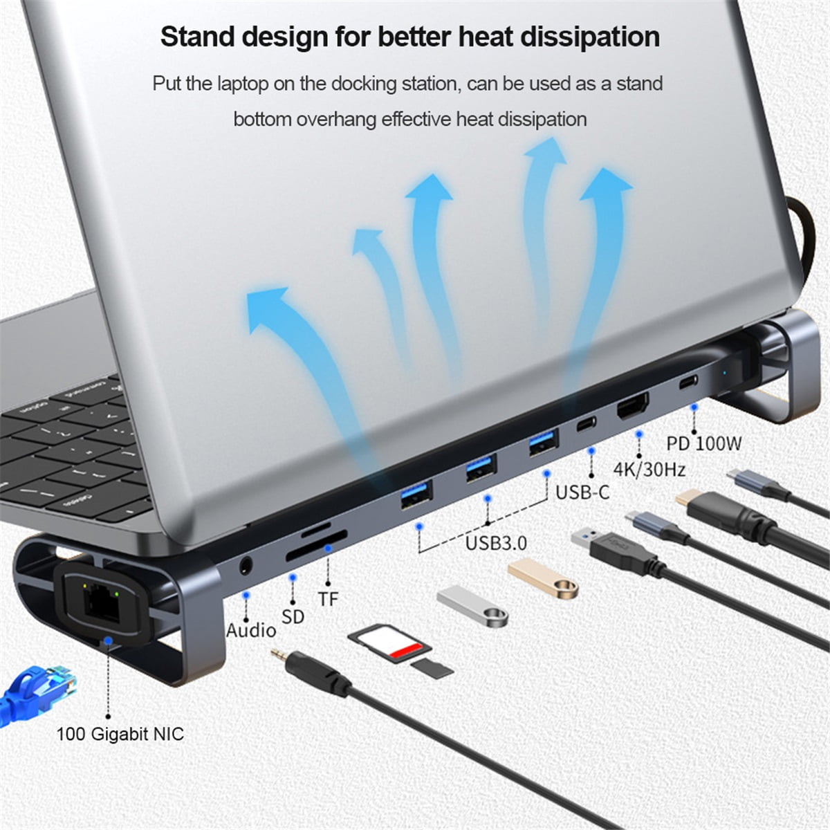 10 in 1 USB C Hub Dock AUX HD-compatible , Laptop Docking Station Folding Tilt Stand Triple Display USB C , 4K, PD 100W, USB 3.0, TF, SD, Audio, RJ45 for MacBook & Windows