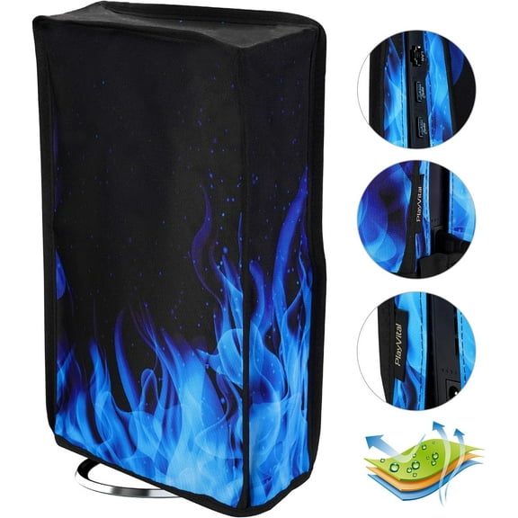 PlayVital Vertical Dust Cover for ps5 Slim Disc Edition(The New Smaller Design), Nylon Dust Proof Protector Waterproof Cover Sleeve for ps5 Slim Console - Blue Flame