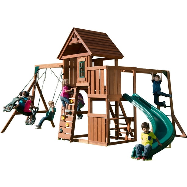 Swing-N-Slide Cedar Brook Wooden Play Set with Monkey Bars and Slide -  