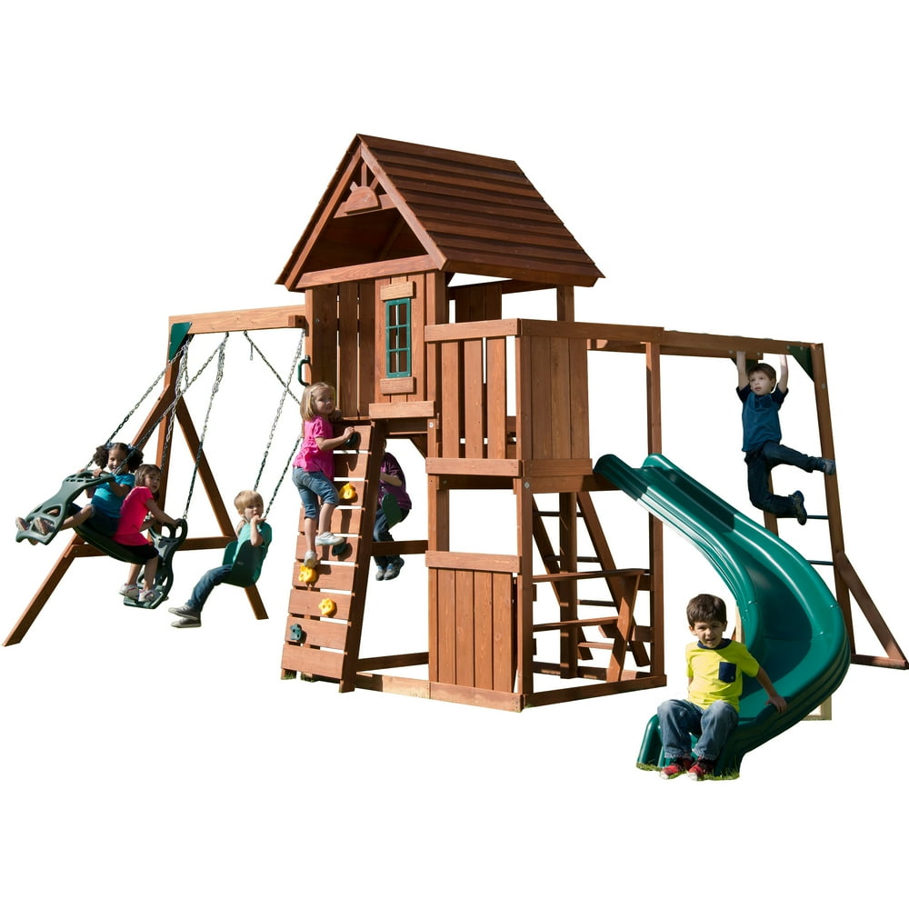 SwingNSlide Cedar Brook Wooden Play Set with Monkey Bars and Slide