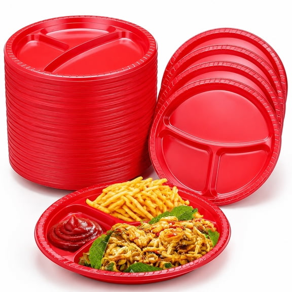 80 Pcs Red Disposable Divided Plates, 10 Inch 3 Compartment Plastic Dinner Plates for Parties and Catering, Heavy Duty Serving Plates for BBQs, Picnics and Summer Celebrations