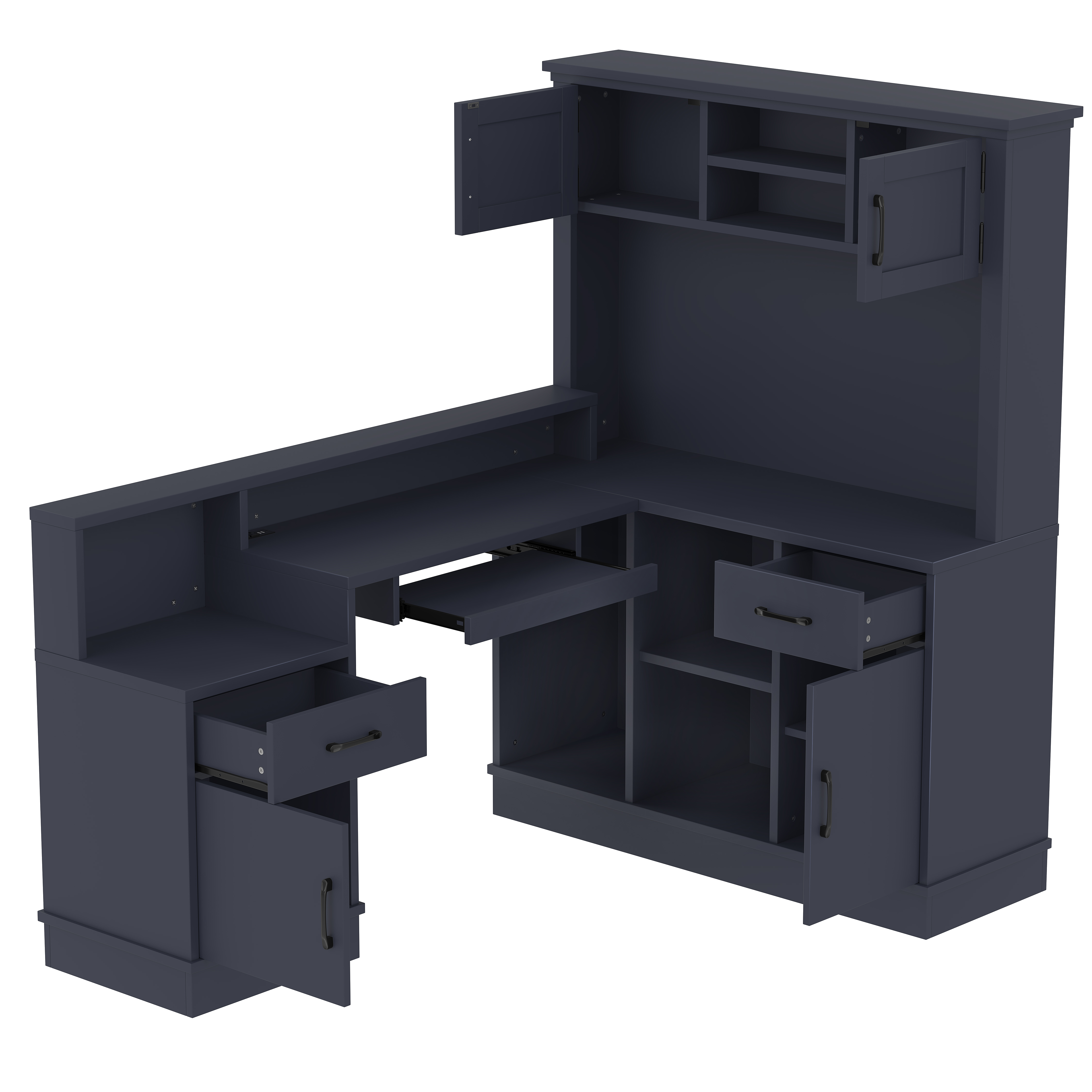 Newest Modern L-Shaped Desk with Built-in Outlet & Storage, 4-Cabinet 2-Drawer Computer Desk for Home Office, Blue