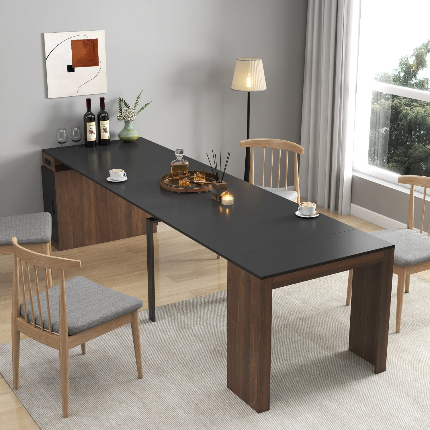 Multifunctional Extendable Console Table, 118.11" Large Expandable Dining Table with Storage Extension Design, Modern Wood Desk for Dining, Living, Home Office & Small Spaces, Walnut+black