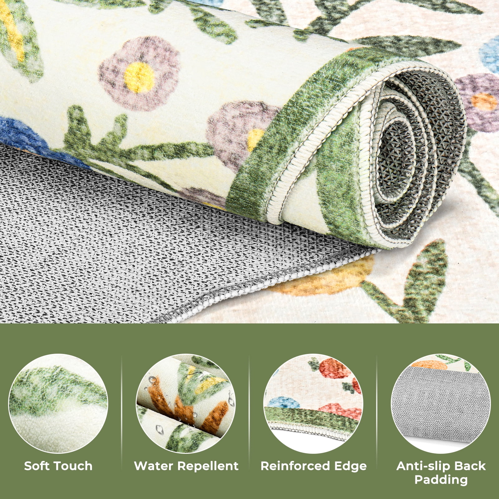 Washable Area Rug for Living Room, 4'x6' Floral Non-Slip indoor Rug, Soft Low Pile & Stain Resistant Boho Accent Carpet for Bedroom, Dining Room, Kitchen, Entryway, Nursery
