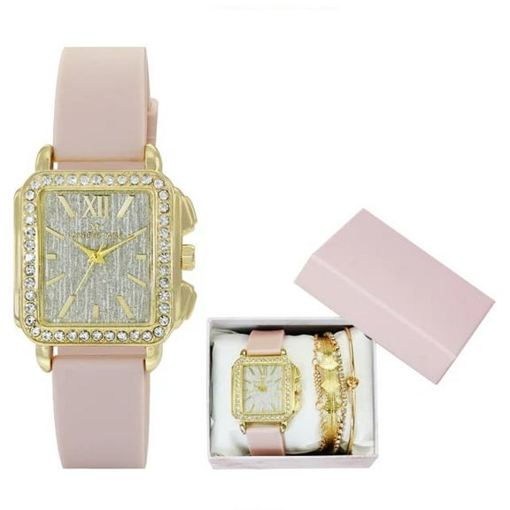 34mm Montres Carlo Women's Silicone Band Dress Watch Jewlery Gift Box Set (Gold/Pink)