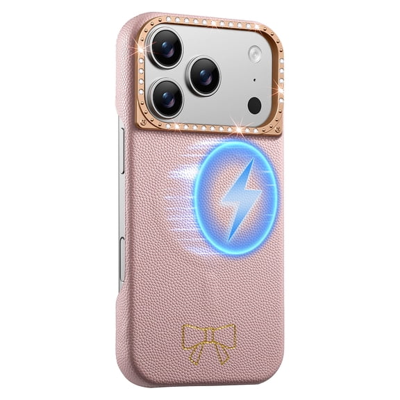 Dteck Magnetic Case for iPhone 17 Pro Max, Compatible with MagSafe, Ultra Thin Leather Protective Phone Cover with Diamond Camera Guard,Pink