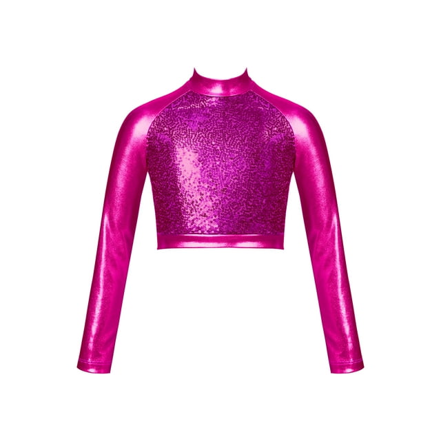 RUNQHUI Enfants Filles Col Roulé Métallique Danse Crop Top Paillettes Manches Longues pour Danse Raves Festivals Sports Rose Vif 10