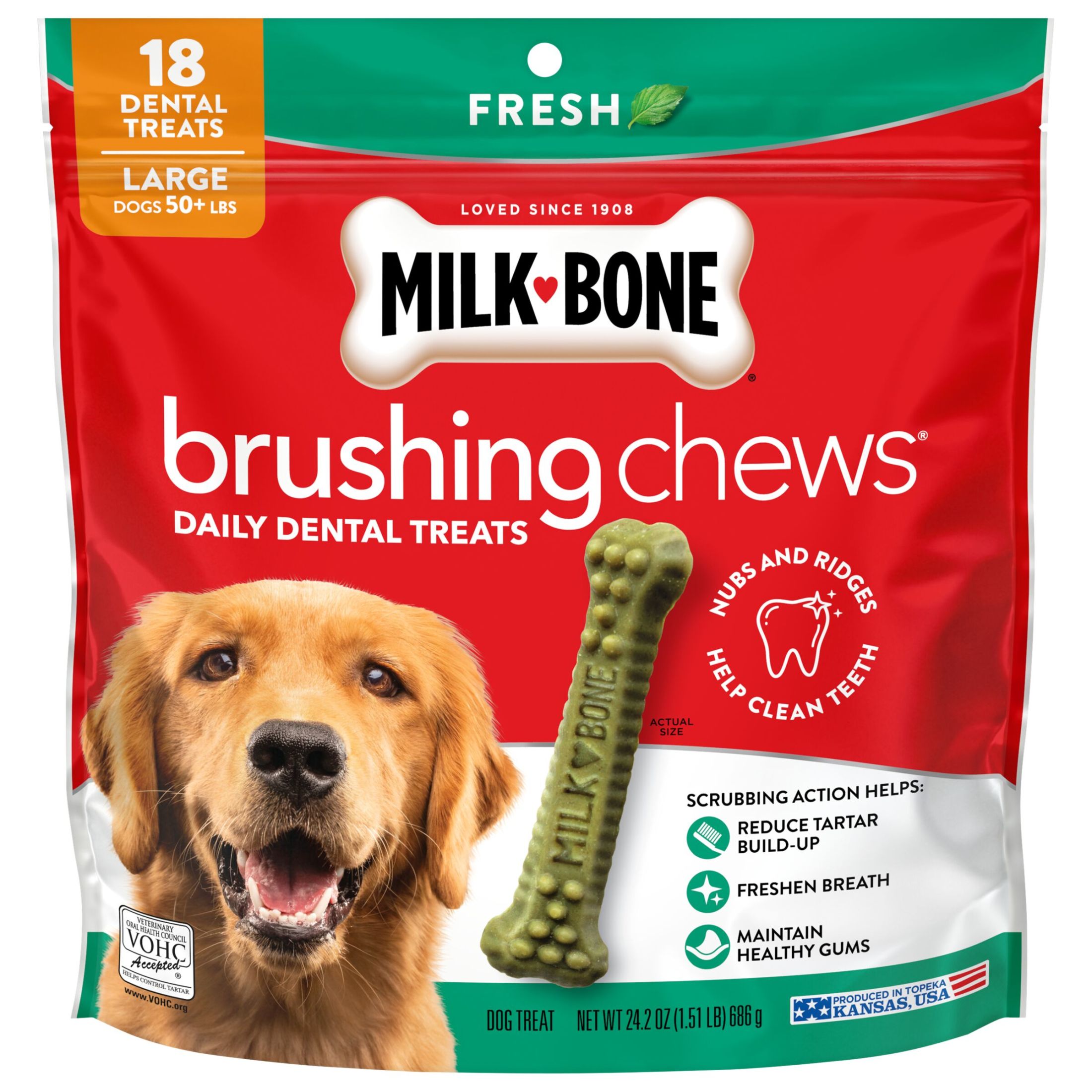 (2 pack) Milk Bone Brushing Chews Fresh Mint Flavor Daily Dental Dog Treats, Large, 24.2 oz Bag
