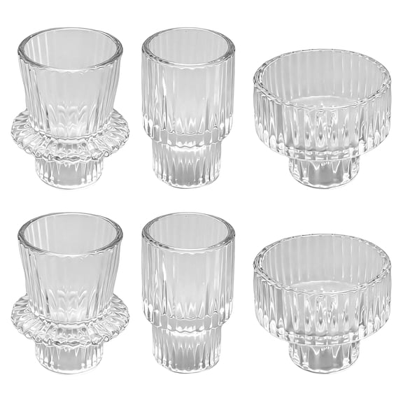 6 Pcs Glass Candle Holders Set, Clear Vertical Ribbed Tealight Votive Candle Holders, Fit for Tealight, Votive & Taper Candles, for Wedding Party Home Table Decor, 3 Assorted Styles