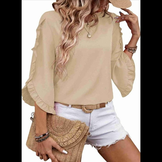 Top de Encaje con Cuello Redondo y Mangas Cuartos Irregulares, Color Albaricoque M