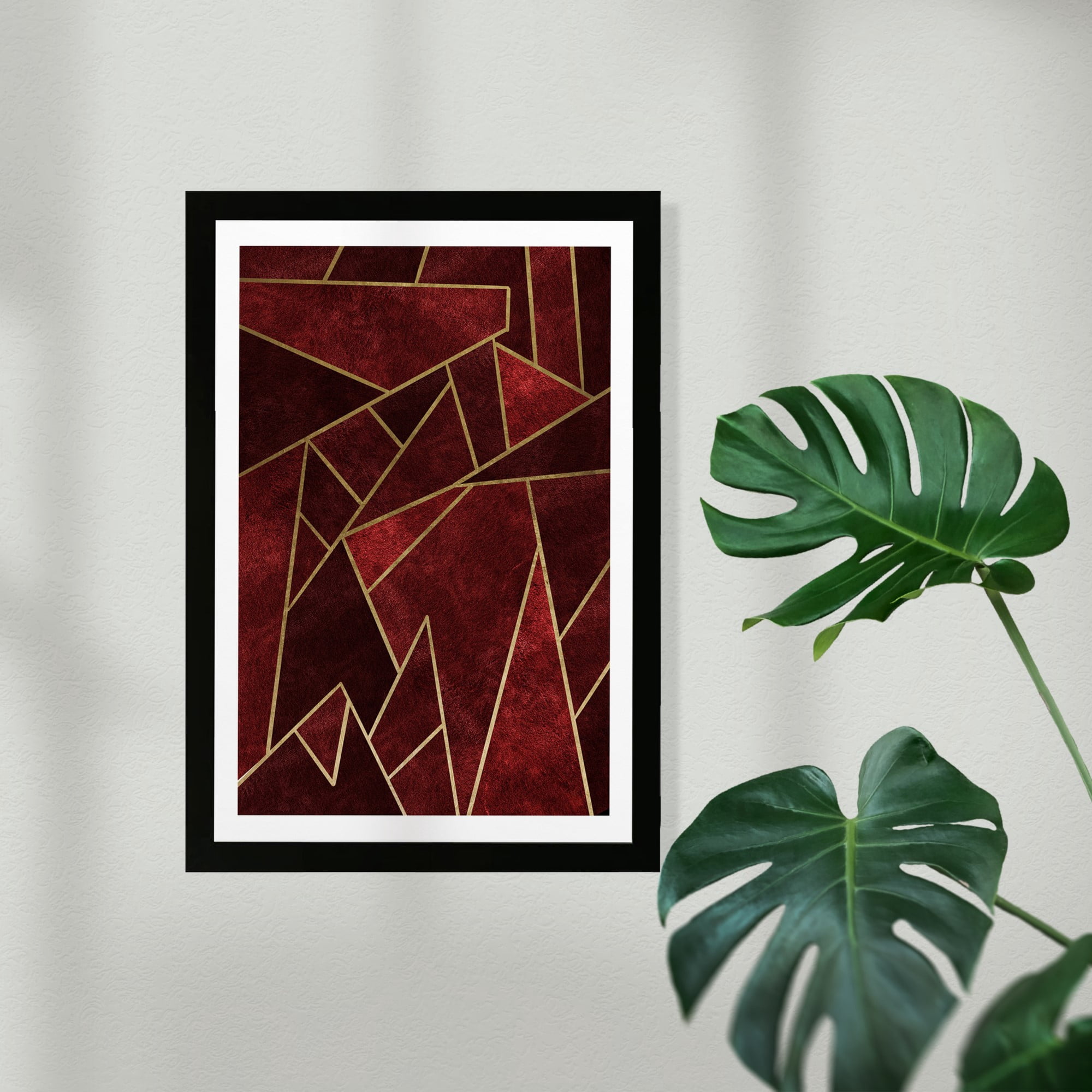 Wynwood Studio Abstract Framed Wall Art Prints 'Velvet Deco' Geometric Home Décor - Red, Gold, 13" x 19"