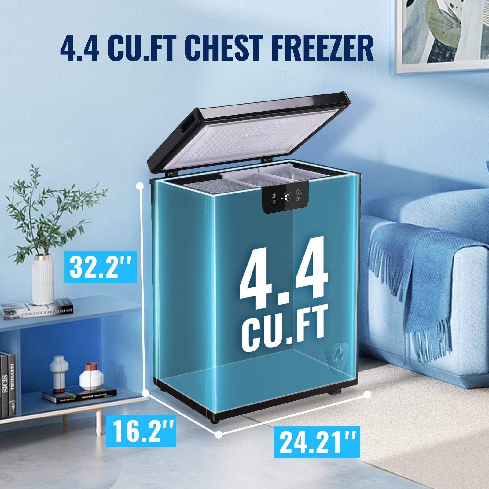 4.4 Cu.ft Chest Mini Freezer with Digital LED Thermostat Deep Freezer for Bulk Storage Top Open Door 2 Removable Baskets Small Freezer with Wheels for Home Apartment Kitchen Black