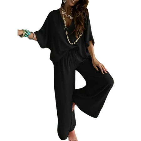 

Glonme Tie Dye Nightwear for Women Bat Sleeves Summer Lounge Sets 2 Piece Outfits Drawstring Pajamas Black M