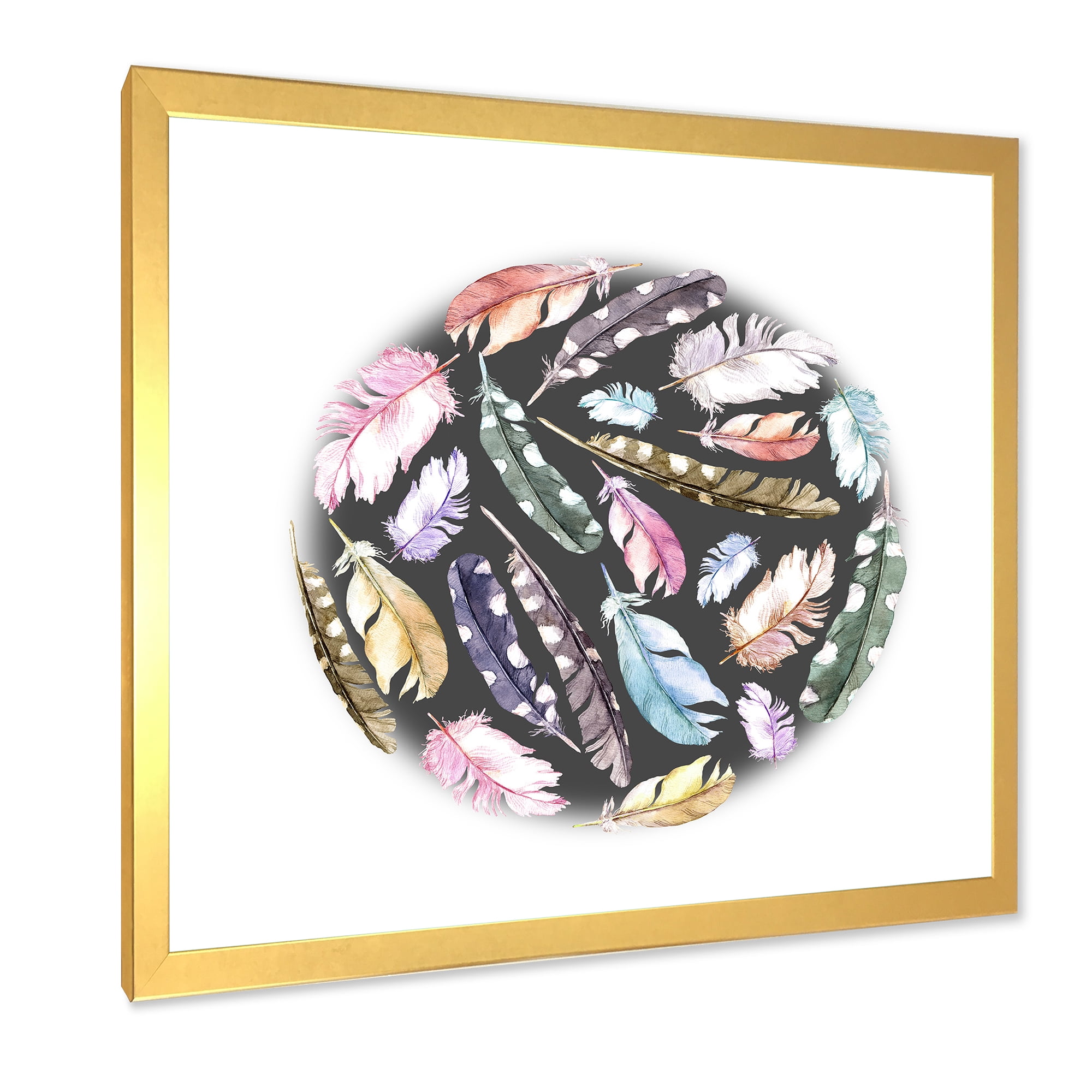 Designart 'Colorful Boho Feathers In Circle Shape' Bohemian & Eclectic Framed Art Print