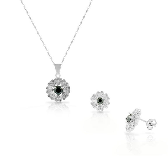 925 Sterling Silver Multicolor CZ Love Heart Flower Stud Earrings Pendant Necklace Set
