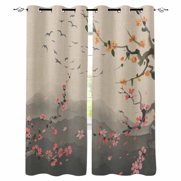 Chinese Ink Painting Blackout Curtains for Bedroom Living Room Darkening Curtains 84 Inch Length 2 Panels Set Pink Peach Blossom Branches Window Curtain Window Treatment Grommet Drapes 42"x84"