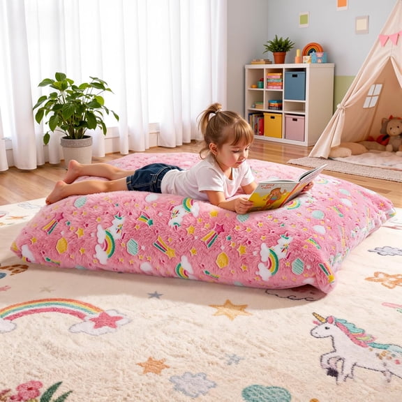 Kids Bean Bag Chair Bed, 3 in 1 Memory Foam Filled Bean Bag Sofa with Removable Cover for Playroom Daycare Bedroom, Toddlers Lazy Floor Mattress Lounger for Boys Girls, Glowing Rainbow