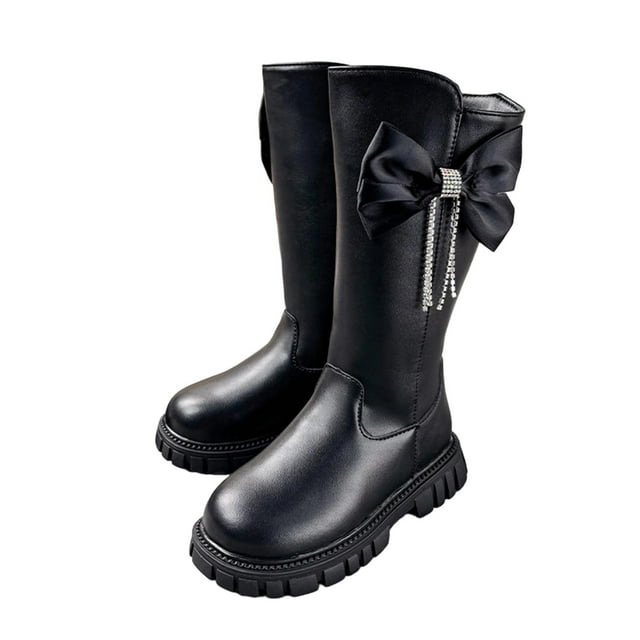 Girls Boots, Fashion Casual for Medium Large Children Winter Style Lace Up Solid Color Student Tall Leather