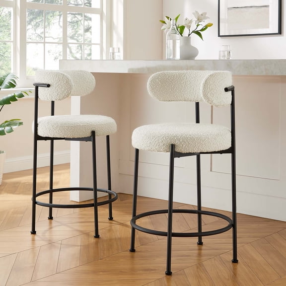 Modway Albie Boucle Fabric Counter Stools - Set of 2 in Ivory Black