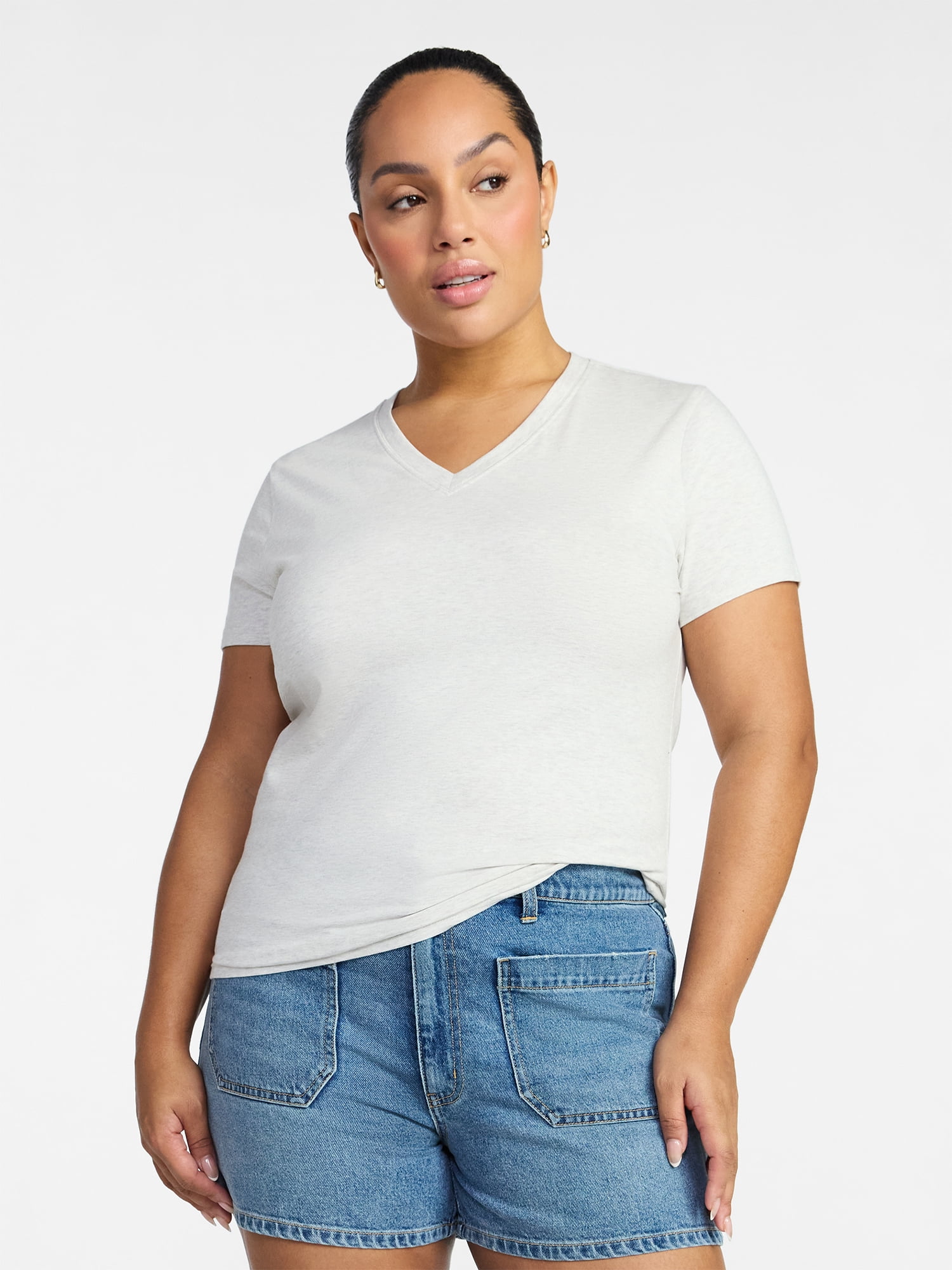 Time and Tru Women's Slim V Neck Tee with Short Sleeves, Sizes XS-XXXL