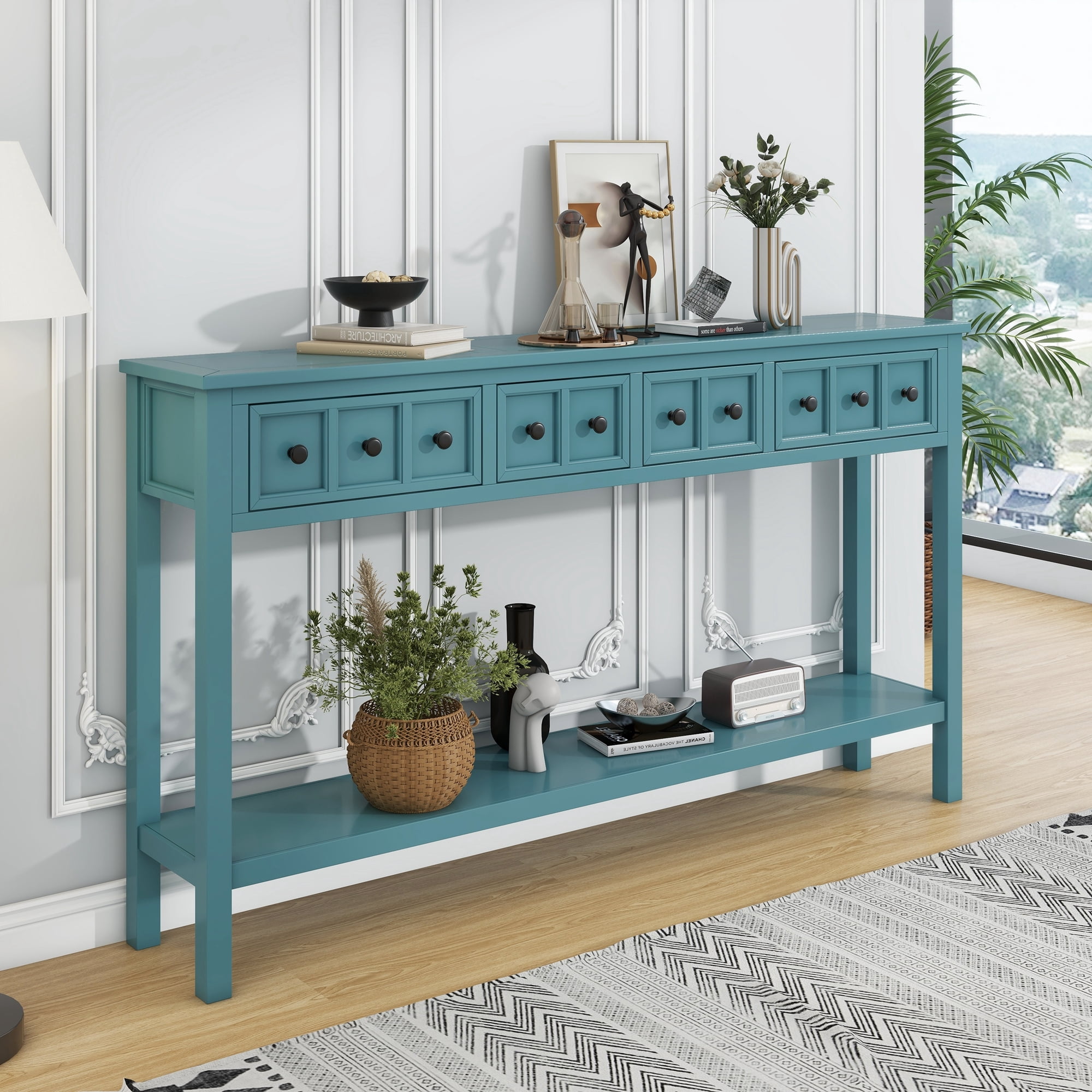 EUROCO 60" Rustic Console Table Sofa Table, Entryway Wood Table with 4 Drawers and Bottom Shelf for Storage, Espresso