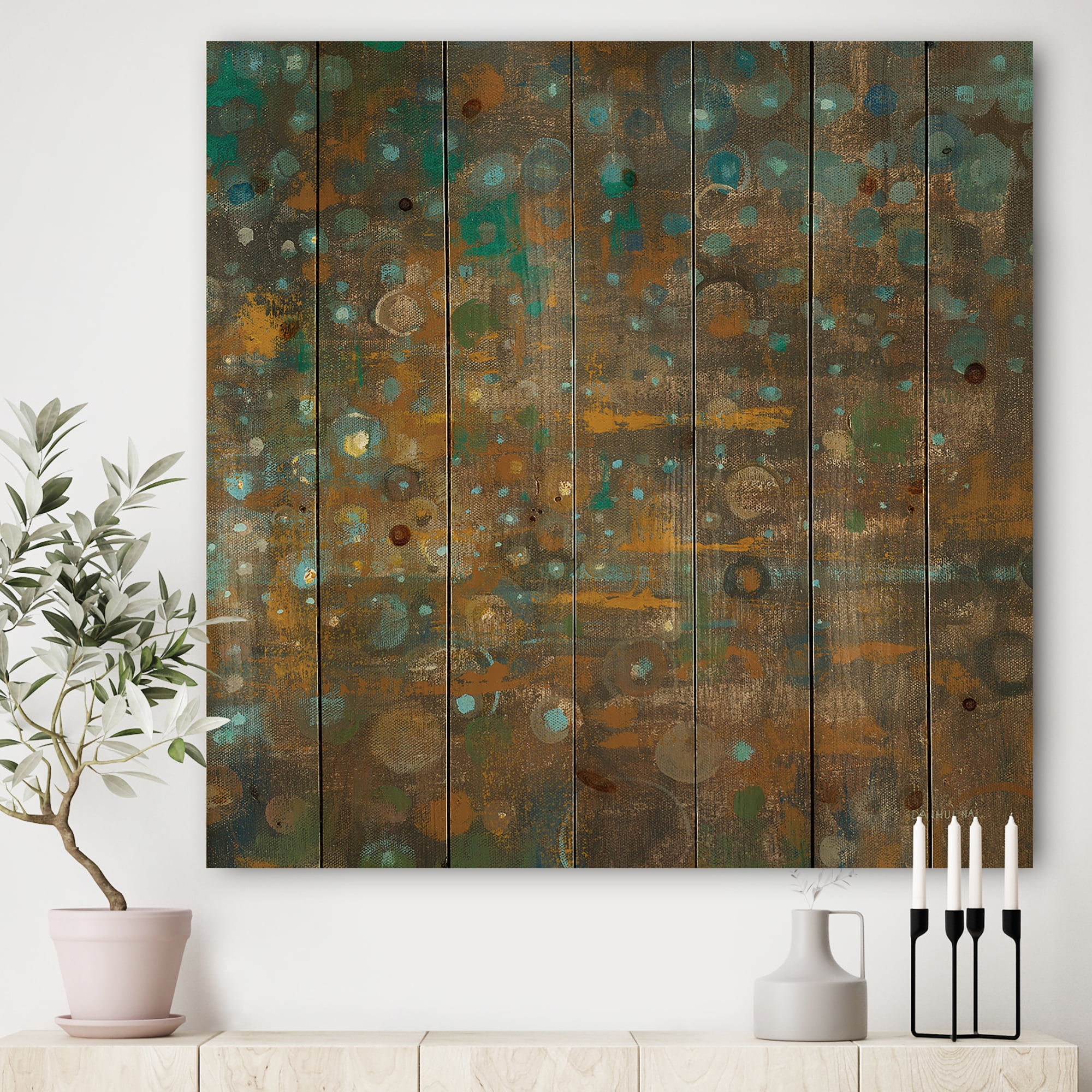 Designart 'Bronze and Blue Dots On Glass IV' Cabin & Lodge Print on Natural Pine Wood