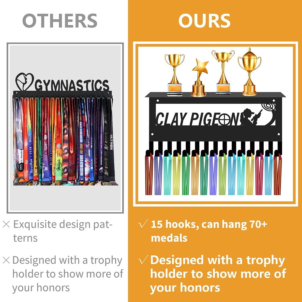Shooting Sport Medal Hanger Trophy Rack Display Black Metal Iron Medal Holder Wall Mount Hold Awards Ribbons Shelf with 15 Hooks