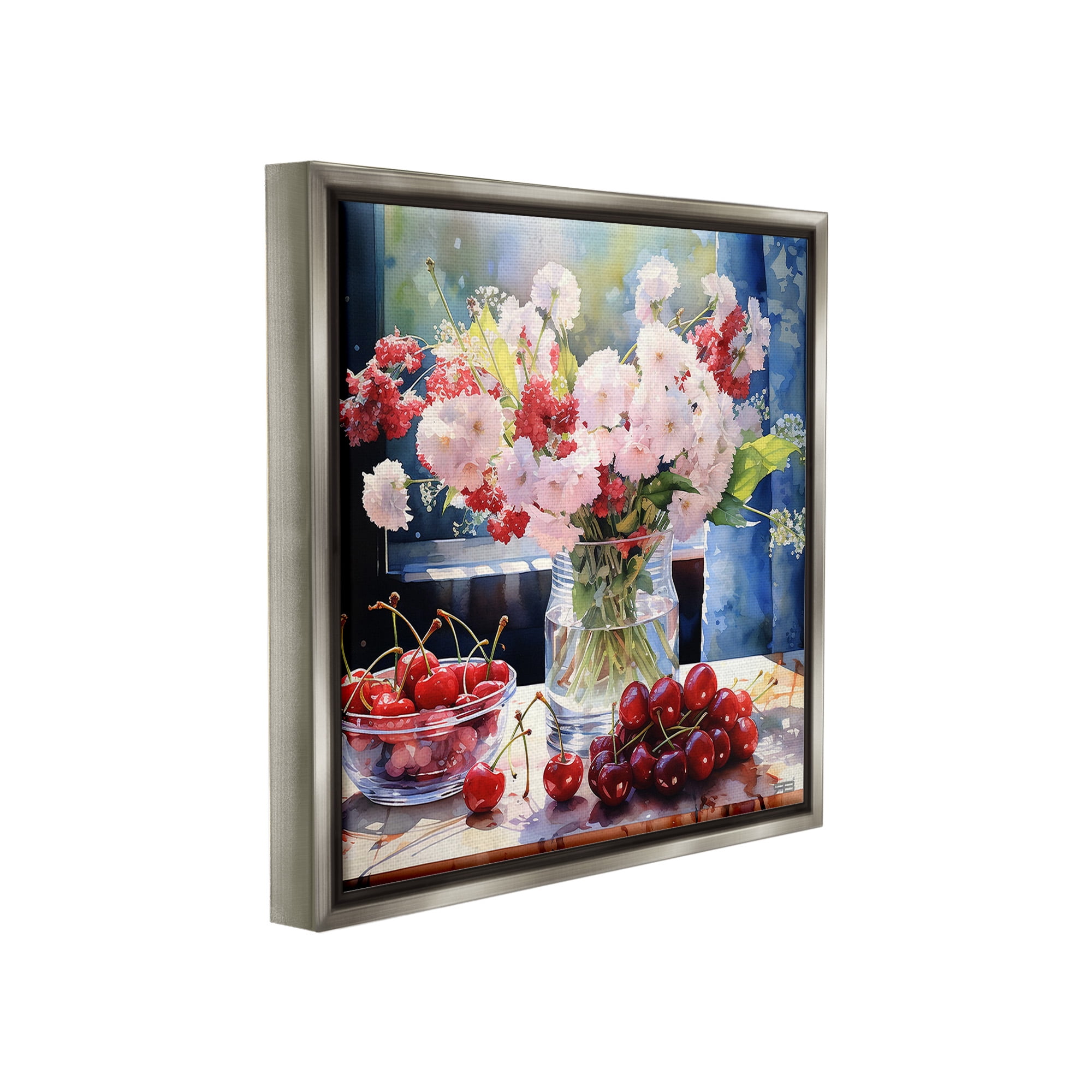 Stupell Industries Summer Blossoms & Cherries Botanical & Floral Painting Gray Floater Framed Canvas Art Print Wall Art, 18 x 18
