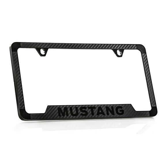 Ford Mustang blacked out with carbon fiber inlay zinc license plate frame 2 hole