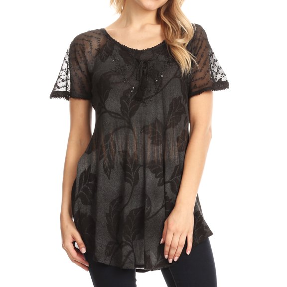 Sakkas Parisa Casual Summer Short Sleeve Top Blouse with Corset and Embroidery - Black - One Size