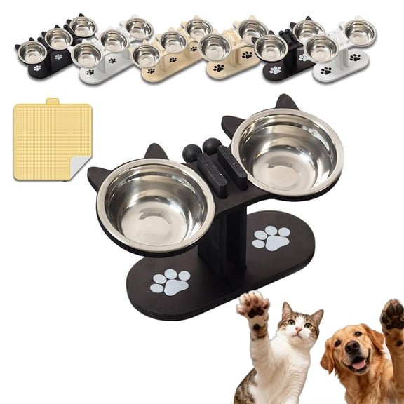 Non-Slip Elevated Pet Feeder with 3 Bowls, Adjustable Height Raised Cat and Dog Feeding Station with 15° Tilted Stainless Steel Bowls and Wooden Stand for Food and Water