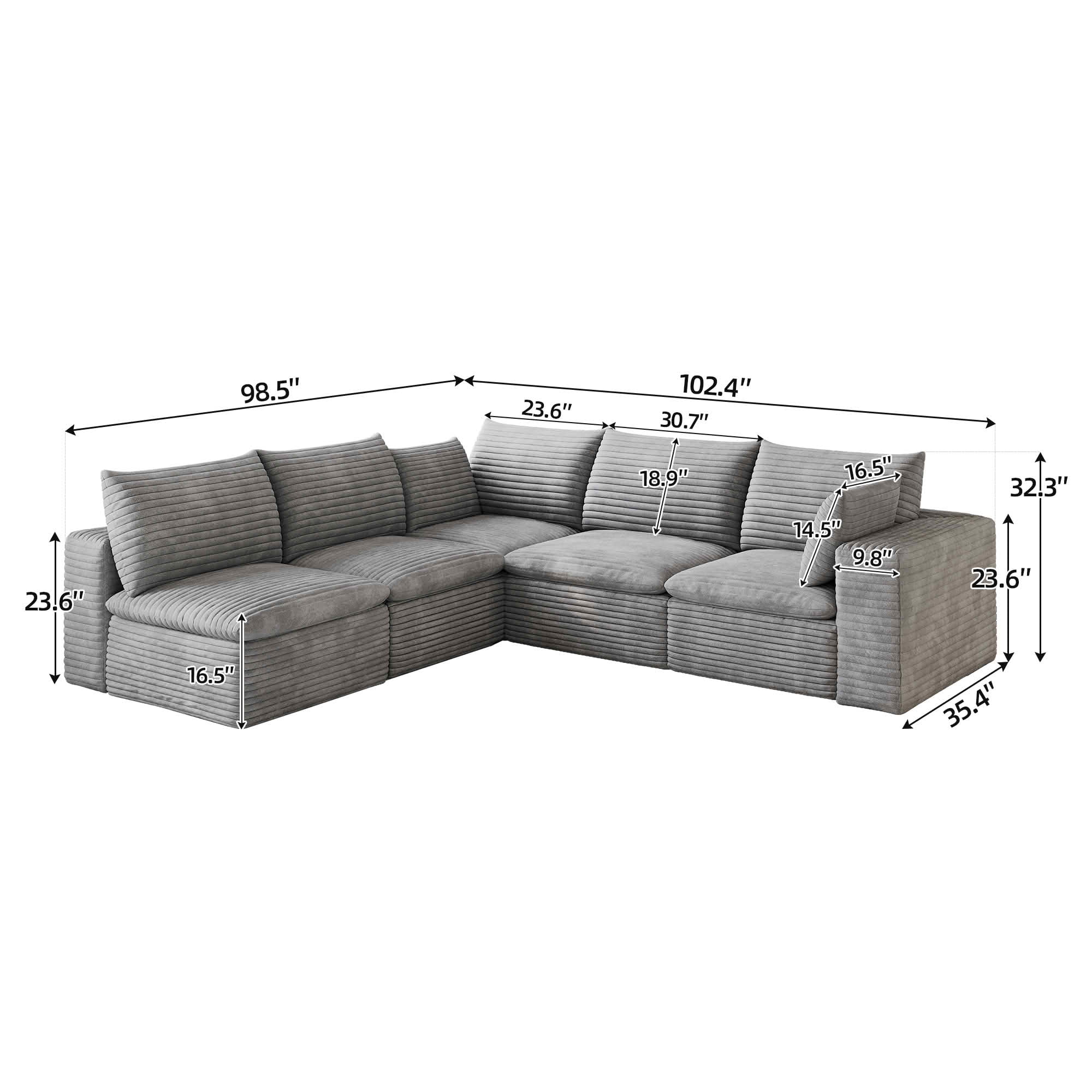 MAYEERTY 98.5"x 102.4" L‑Shaped Cloud Modular Sofa, Corduroy Deep‑Seat Sectional Couch, Double‑Layer Removable Cushions, No‑Assembly DIY Sponge Sofa for Living Room Bedroom Conference Room Apartment