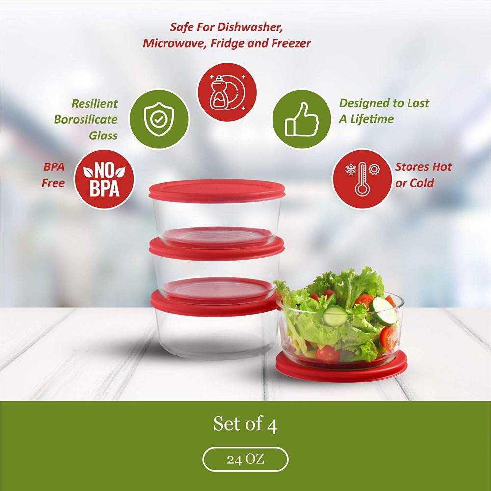 Bovado USA Glass Food Storage Containers Clear with Red Airtight Lids 30 oz 4 Cup BPA-Free, Set of 4