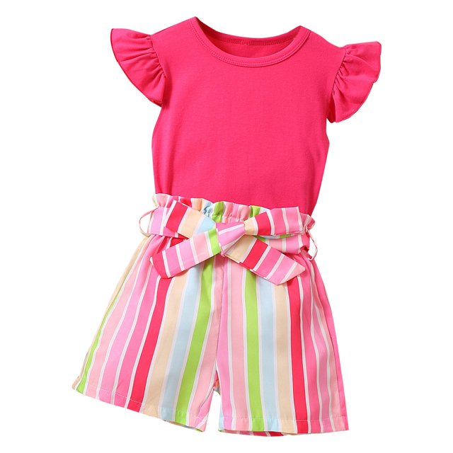Conjunto de sudadera Gibobby para Niñas top sólido sin mangas con volantes pantalones cortos Siripe Rosa caliente 5-6 Años