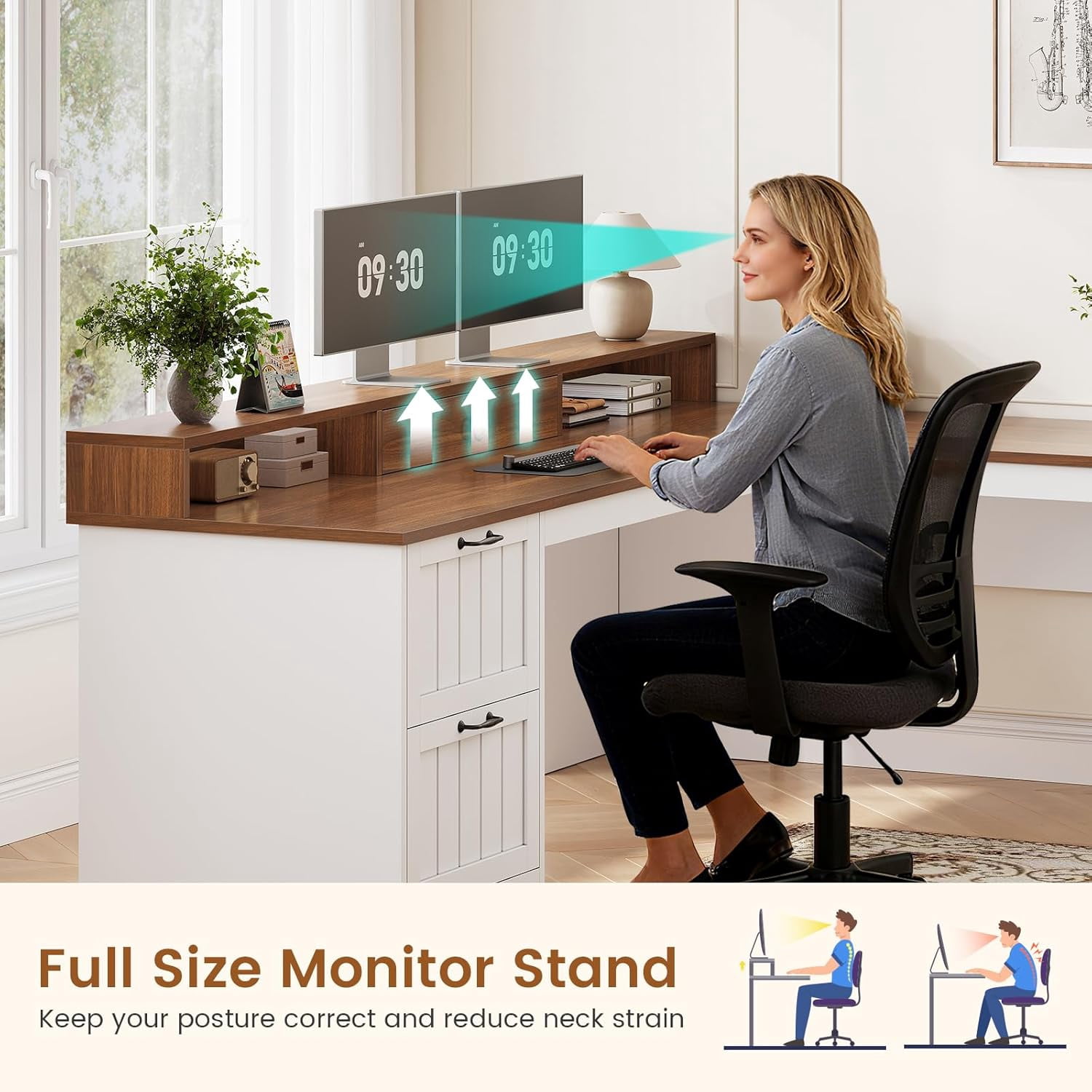 Farmhouse L Shaped Desk with Storage, Rustic Corner Desk with Monitor Stand, 2 File Drawers & 1 Cabinet, Home Office Desk with Spacious Desktop, Large PC Workstation, White & Black Top