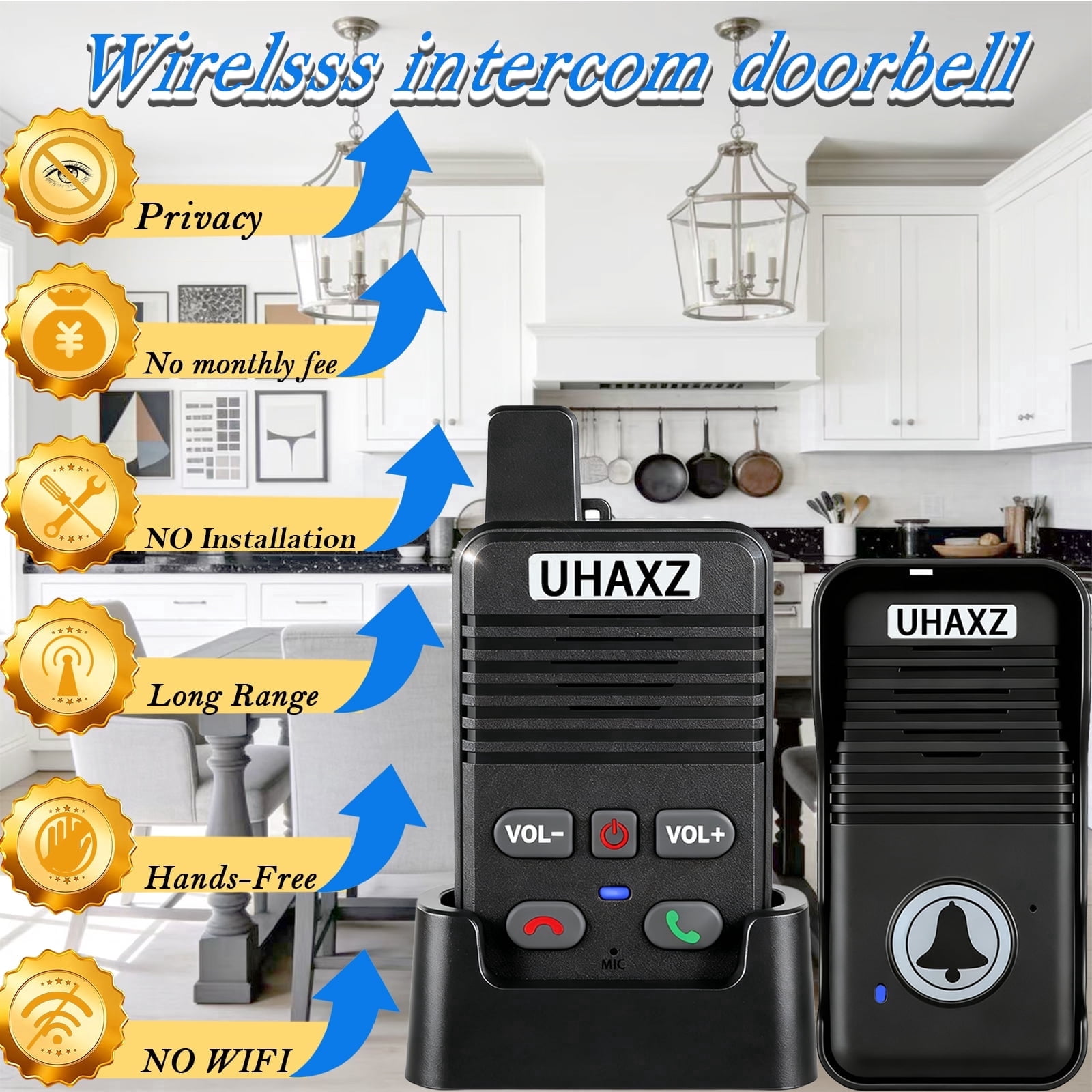 UHAXZ-Full Duplex Wireless Intercom Doorbell, 1000ft Long Range, Hands-Free Intercom Door Bell 2 Way Communication,Intercom for Home(Black1 Pack