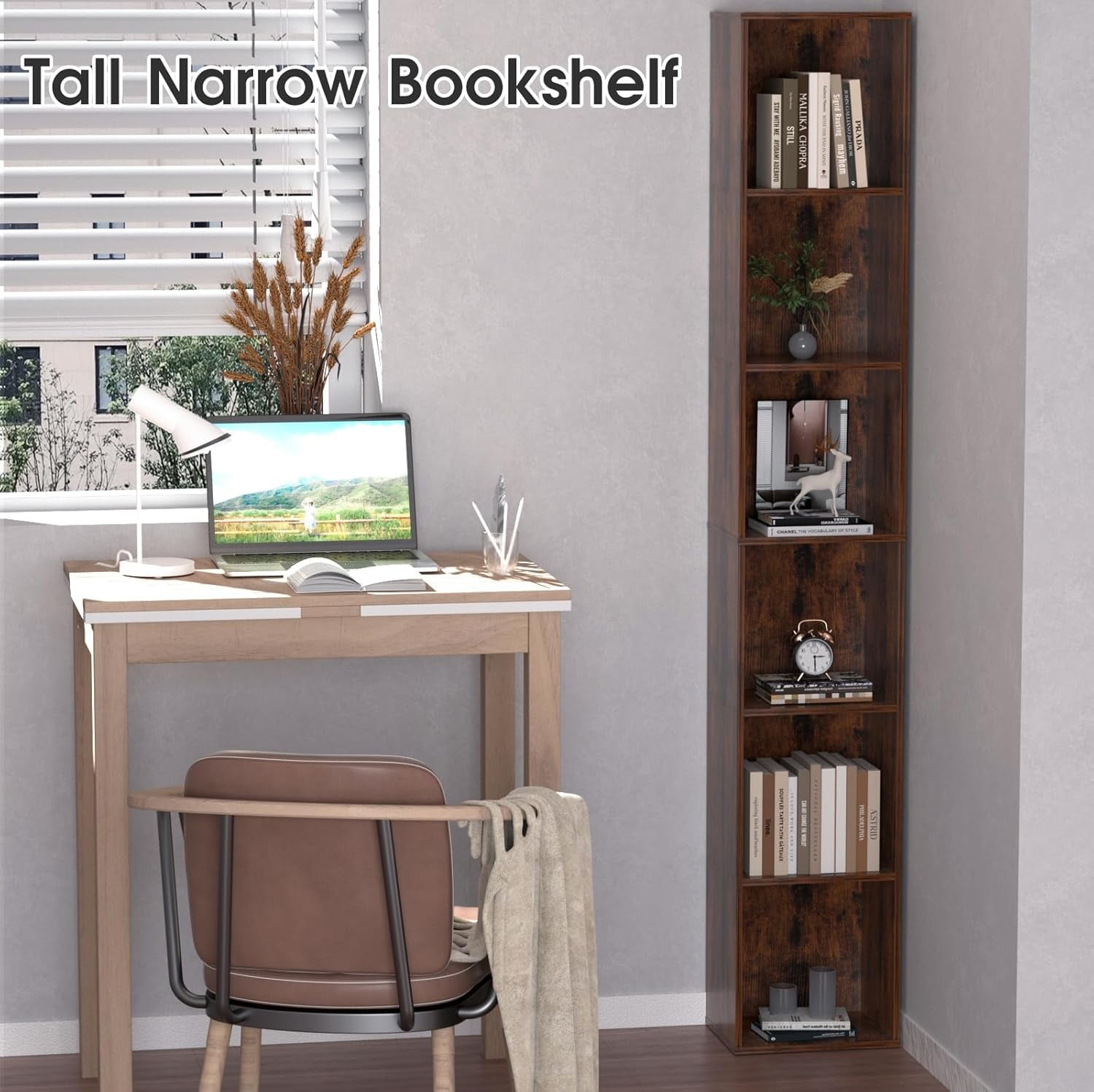 Tall Narrow Bookshelf 6-Tier Bookcase,70.5"   Corner Shelf Slim Storage Cabinet,Wood DVD CD Media Cube Organizer Tower Rack for Small Spaces, Bedroom, Living Room, Office,Brown