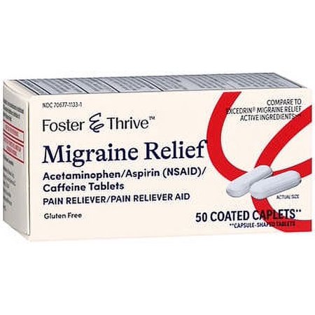 Migraine Relief Acetaminophen/Aspirin(NSAID)/Caffeine by Foster & Thrive 50 Coated Tablets (Compare to Excedrin Migraine Relief Active ingredients)