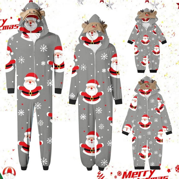 Odeerbi Christmas Onesie Pajamas for Family Holiday Sleep Jumpsuit Long Sleeve Family Christmas Pajamas Matching Sets Dad Printed Loungewear Jumpsuit Sleepwear Xmas PJs Set Gray