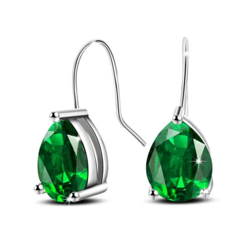 Women Water Drop Shaped Emerald Fire Topaz Gemstone Silver Dangle Earrings