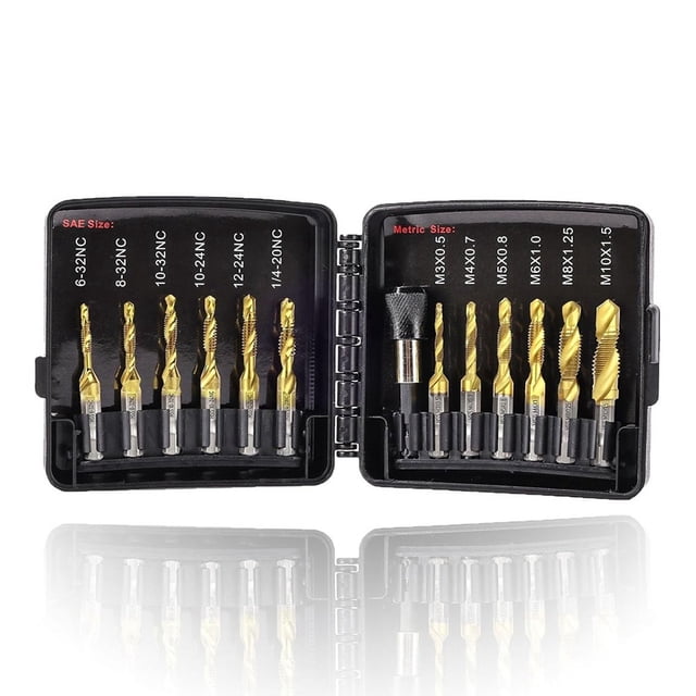 Drill Tap Set with Quick-Change Adapter of 13Pcs, 6 SAE Sizes, 6 Metric Sizes, Combination Drill and Tap Set
